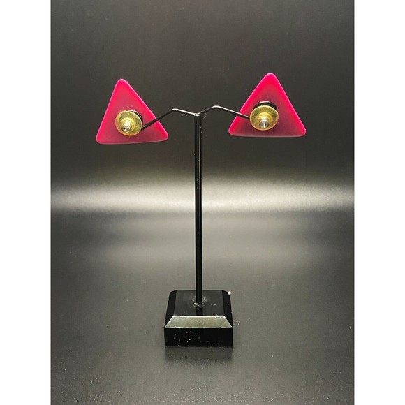 Plastic Triangle Earrings 1980's Fuchsia Purple VINTAGE - Picture 4 of 6